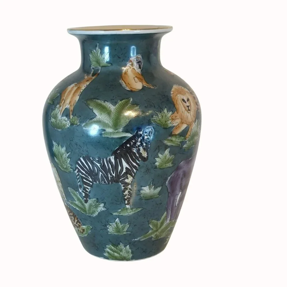 Vintage Hand-Painted Green Ceramic Vase With African Wildlife Safari Animals